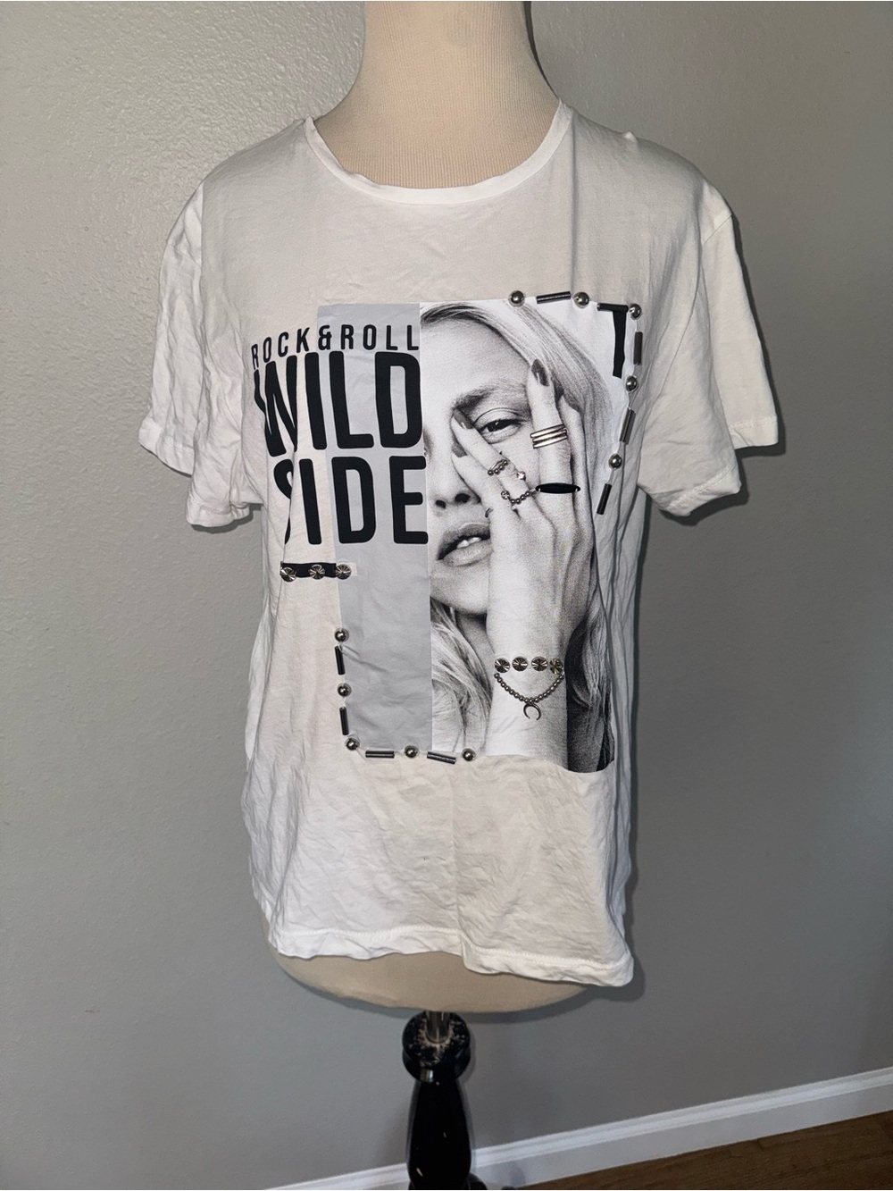 SETRE womens white T-shirt large "ROCK & ROLL WILD SIDE" with studs